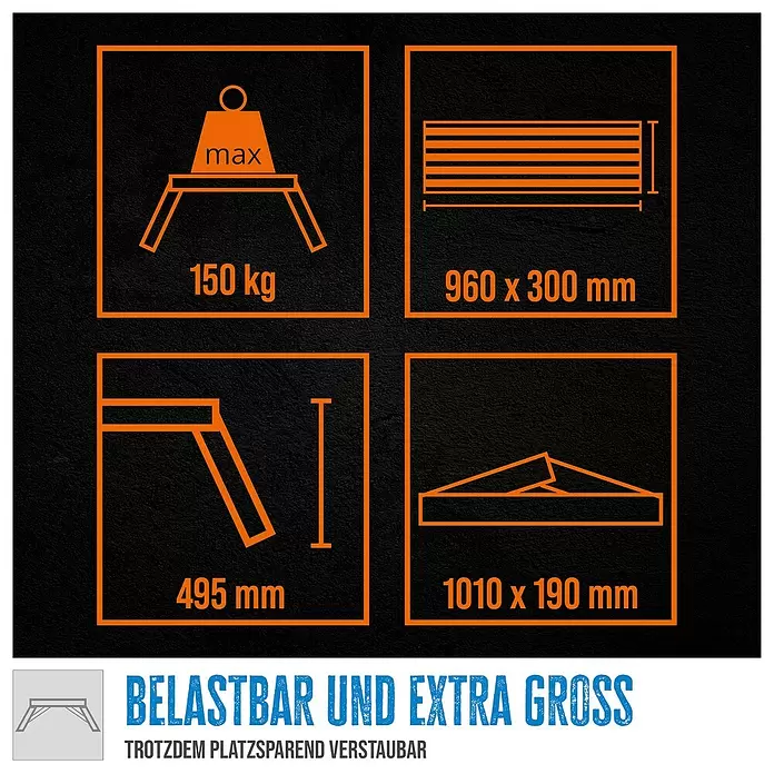 Güde Arbeitsplattform GAAP 960 - L x B x H: 127,1 x 44,6 x 49,5 cm - Details zeigen 150 kg maximale Last, 960x300 mm Arbeitsfläche, 495 mm Höhe. Das Produkt ist belastbar, extragroß und faltbar auf 1010x190 mm zur Lagerung.