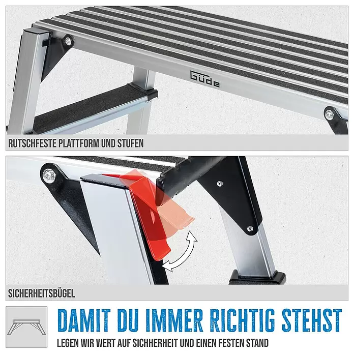 Güde Arbeitsplattform GAAP 960 - L x B x H: 127,1 x 44,6 x 49,5 cm - Güde Aluminium-Klapptritt mit rutschfesten Stufen und Sicherheitsbügel für sicheren Stand.