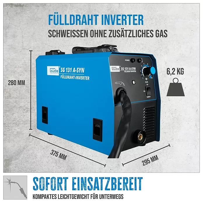 Güde Fülldrahtschweißgerät SG 131 A-SYN - Schweißstrom: 20 A - 120 A, 230 V - Blauer Güde SG 131 A-SYN Fülldraht-Inverter, 280x375x295mm, 6,2 kg, mit schwarzem Bedienfeld.