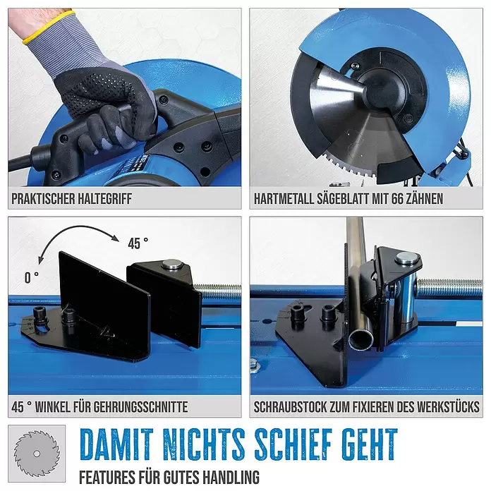 Güde Metallkreissäge GMK355 2.3 - 2,2 kW, 62 Stk. - Blaue Metallkappsäge mit praktischem Griff, Hartmetallsägeblatt (66 Zähne), 45°-Gehrungseinstellung und integriertem Schraubstock.