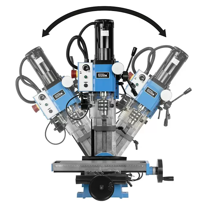 Güde Bohr- & Fräsmaschine GBF 550 - 350 W, 0 U/min - 2.500 U/min, Größe Arbeitstisch: 400 x 92 mm - Blaue und silberne Bohr- und Fräsmaschine mit schwenkbarem Kopf, in verschiedenen Positionen dargestellt.