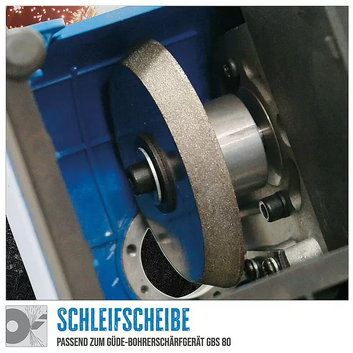 Güde Schleifscheibe - Durchmesser: 80 mm, Körnung: 150 K - Metallische Schleifscheibe mit Schleifbelag, passend für Güde Bohrer-Schärfgerät GBS 80, montiert in einer blauen Maschine.