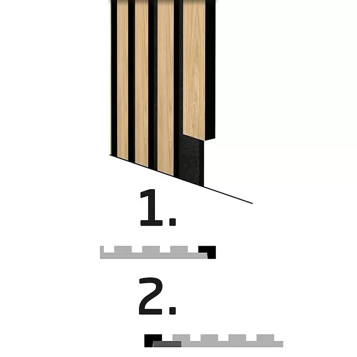 FN Neuhofer Abschlussleiste Acustico - Dunkelgrau, 2.750 x 52,5 x 18 mm - Akustikpaneel mit Holzlamellen auf schwarzem Filz, mit Installationsdiagrammen.