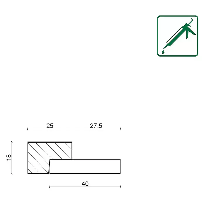 FN Neuhofer Abschlussleiste Acustico - Dunkelgrau, 2.750 x 52,5 x 18 mm - Technische Zeichnung eines Stufenprofils (18x40mm) für Dichtungsanwendungen.