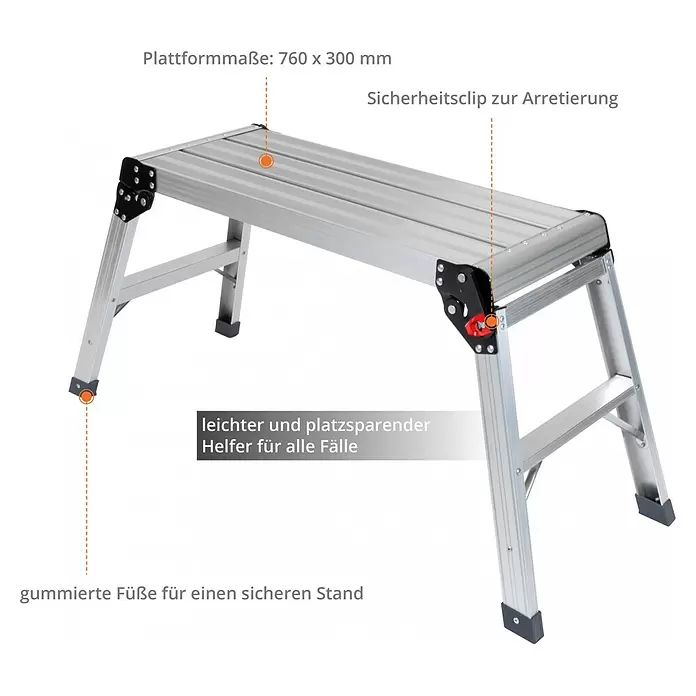 Güde Arbeitsplattform GAAP 760 - Arbeitshöhe: 49,5 cm, Belastbarkeit: 150 kg, Aluminium - Silberne Aluminium-Klapptrittstufe mit schwarzen Gummifüßen und Sicherheitsclip. Maße 760x300mm.
