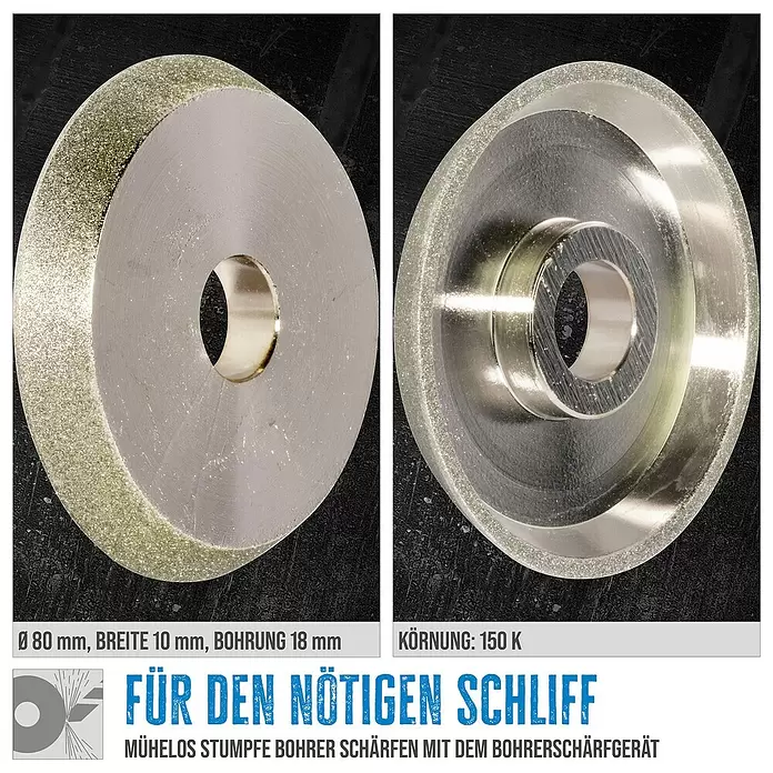 Güde Schleifscheibe - Durchmesser: 80 mm, Körnung: 150 K - Zwei Ansichten einer diamantbeschichteten Schleifscheibe, Ø 80mm, 150K Körnung, zum Schärfen von Bohrern.