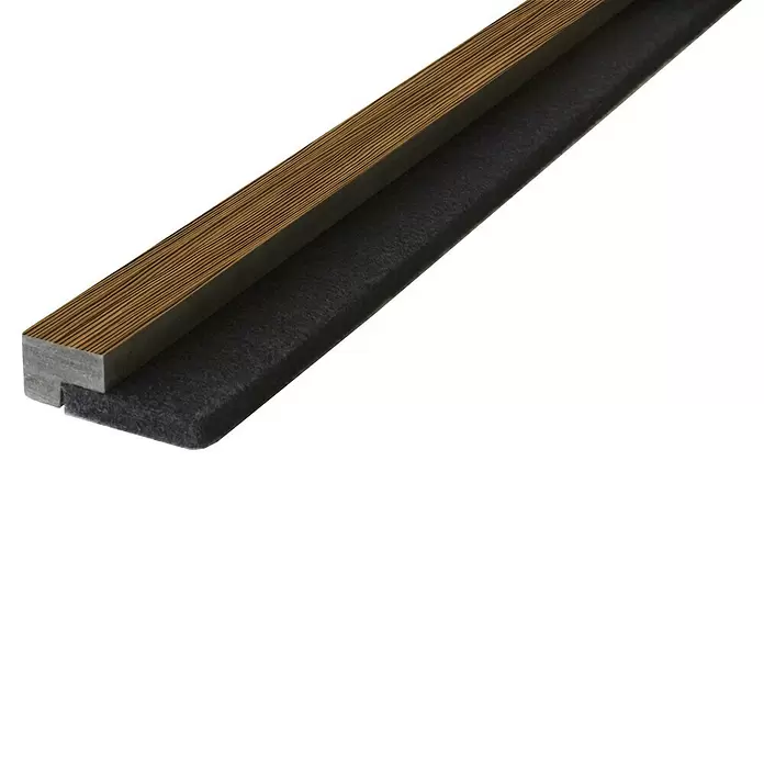 FN Neuhofer Abschlussleiste Acustico - Zebrano, 2.750 x 52,5 x 18 mm - Braunes Holzprofil mit dunkelgrauem Filzdichtungsstreifen für Türen oder Böden.