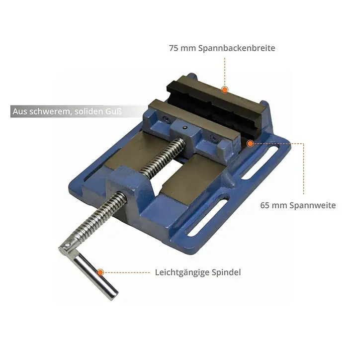 Güde Maschinenschraubstock - Backenbreite: 75 mm - Produktbild einer Tischbankschraube mit Angaben zu Spannbackenbreite, Spannweite und Spindel.