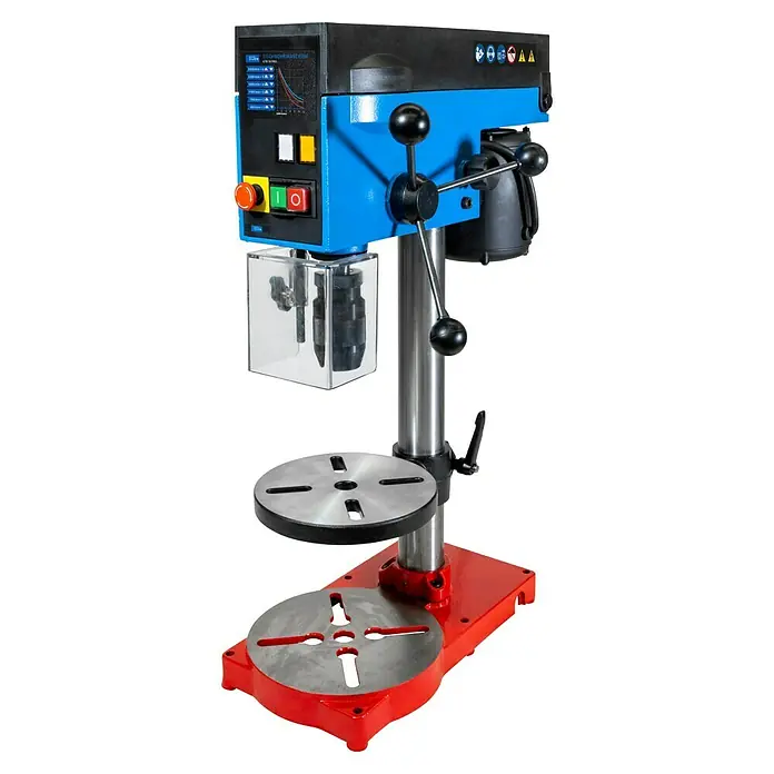 Güde Tischbohrmaschine GTB 14 Pro - 300 W, Leerlaufdrehzahl: 620 U/min - 2.600 U/min, Spannweite Bohrfutter: 1 mm - 13 mm - Eine Standbohrmaschine mit roter Basis und blauem Bohrkopf, ideal für präzise Bohrungen in Werkstätten.