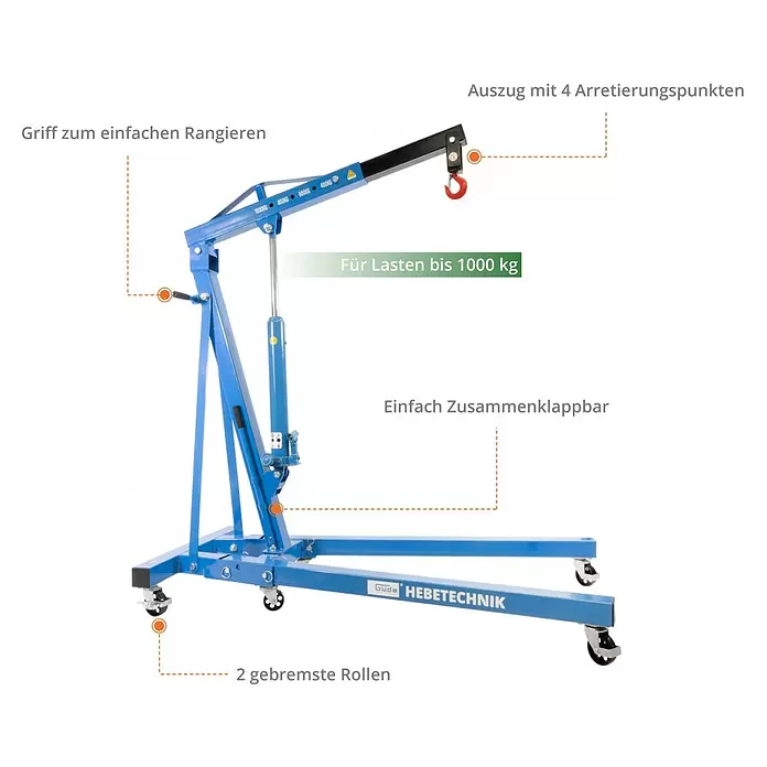 Güde Werkstattkran - Traglast: 1.000 kg, Hubhöhe: 2.160 mm - Blauer faltbarer Motorheber mit 1000kg Tragkraft, ausziehbarem Arm (4 Arretierpunkte), Rangiergriff und 2 gebremsten Rollen.