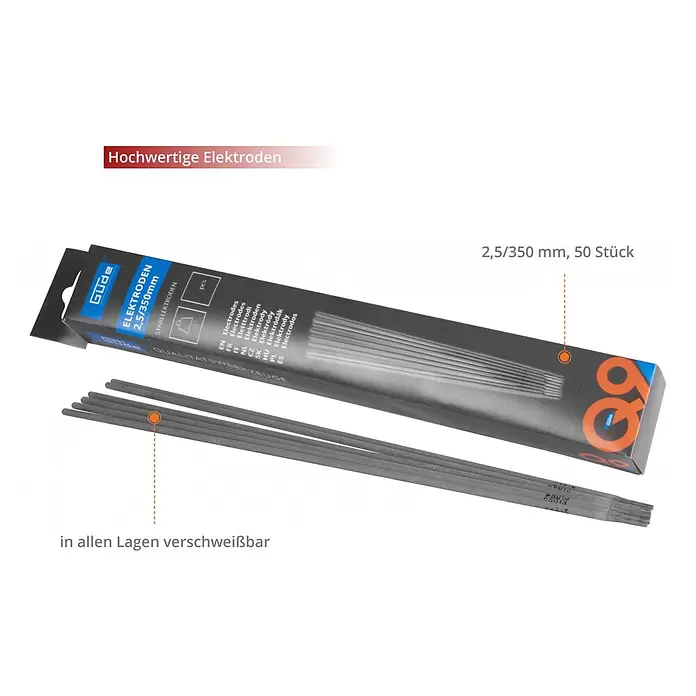 Güde Rutile Elektroden - Elektrodenstärke: 2,5 mm, 50 Stk. - Hochwertige Güde Elektroden (2,5/350mm, 50 Stück), in allen Lagen verschweißbar, teils in Verpackung, teils ausgebreitet.