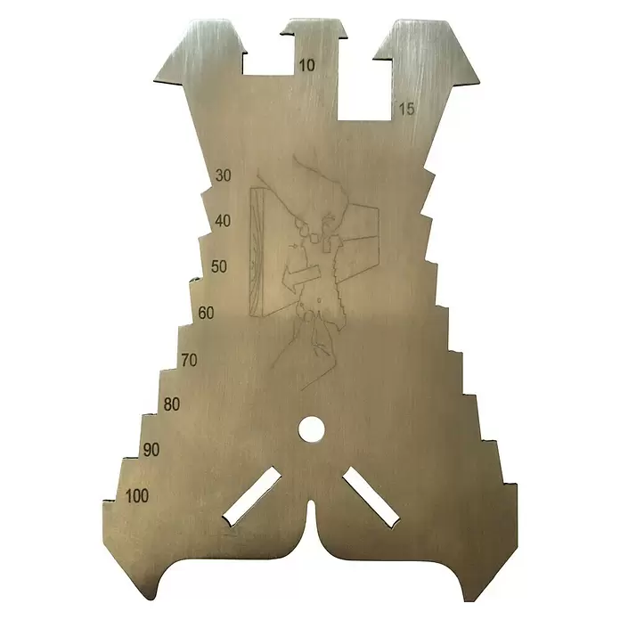 Scala Anreißschablone - L x B: 14 x 10 cm, Stahl - Silbernes Metall-Schwalbenschwanzlehre mit Winkelmaßen und Anwendungsdiagramm für die Holzbearbeitung.