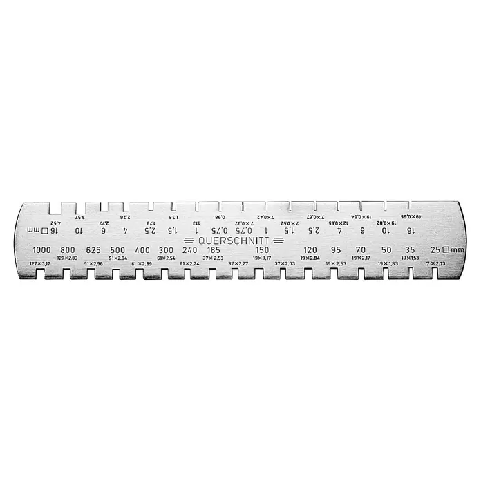 Scala Querschnittlehre - Länge: 17 cm, Metall - Silberfarbener Drahtlehre mit mehreren Aussparungen zur Drahtdurchmessermessung, mit verschiedenen Größen markiert.