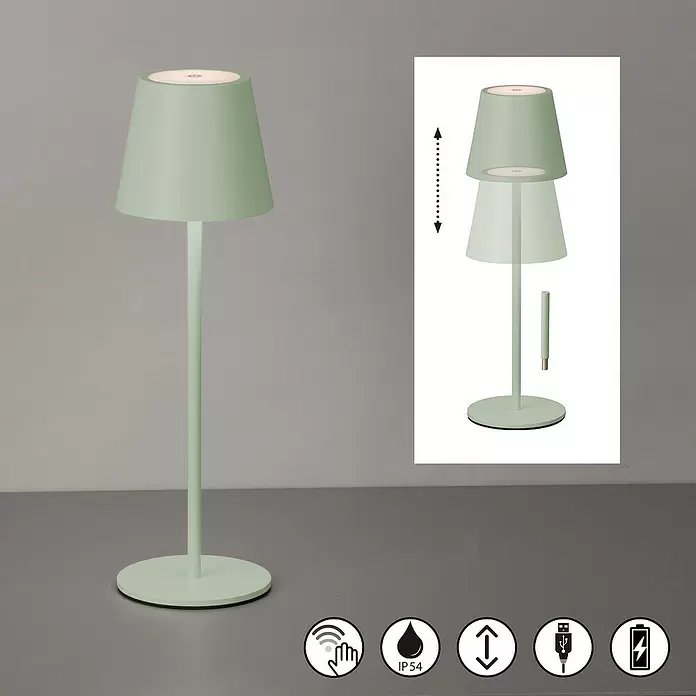 FHL easy Akku-Tischleuchte Viletto - 2 W, L x B x H: 11 x 11 x 36,5 cm, Salbeigrün, Warmweiß - Hellgrüne, höhenverstellbare Tischlampe mit Touch-Steuerung, IP54 Wasserschutz und USB-aufladbarem Akku.