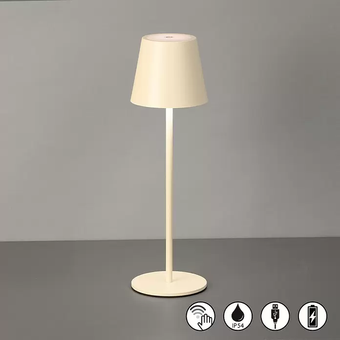 FHL easy Akku-Tischleuchte Viletto - 2 W, L x B x H: 11 x 11 x 36,5 cm, Sandbeige, Warmweiß - Cremefarbene tragbare LED-Tischleuchte mit Konusschirm, Touch-Steuerung, IP54, USB-Ladefunktion und Akku.