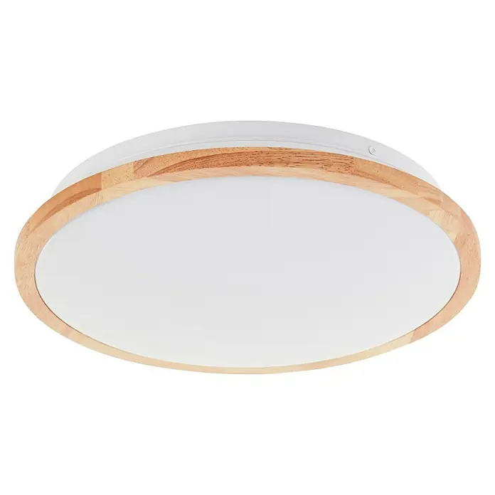 Brilliant LED-Deckenleuchte rund Bario - 18 W, 30 cm, Holz, Weiß - Nahaufnahme einer runden Deckenleuchte mit Holzrand und weißem Diffusor.