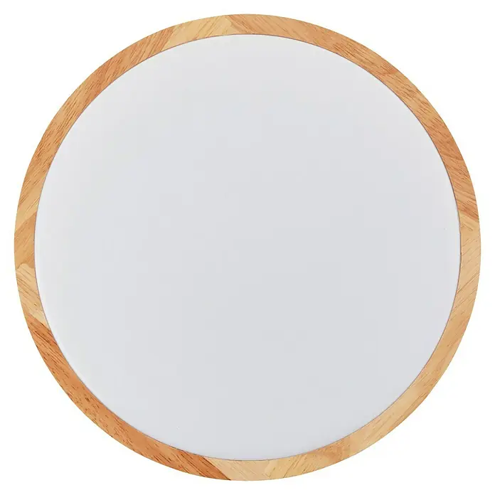 Brilliant LED-Deckenleuchte rund Bario - 18 W, 30 cm, Holz, Weiß - Blick von oben auf einen runden Servierteller mit Holzrand und weißer Mitte. Ideal für Präsentation & Genuss von Speisen.
