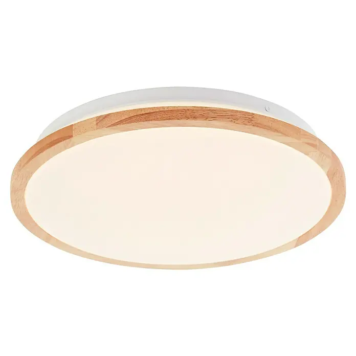Brilliant LED-Deckenleuchte rund Bario - 18 W, 30 cm, Holz, Weiß - Nahaufnahme einer runden Deckenleuchte mit Holzrahmen und weißem Diffusor, die ein warmes, einladendes Licht ausstrahlt.