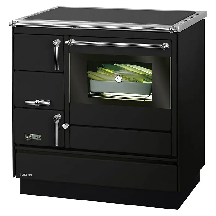 Justus Küchenherd Linz - Raumheizvermögen: 144 m³, Backofen rechts, Schwarz - Justus Küchenherd mit Glaskeramikkochfeld und Ofen, ideal zum Kochen und Backen. Stilvolles Design für jede Küche.