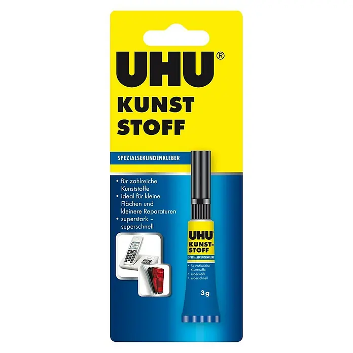 UHU Sekundenkleber Kunststoff - 3 g, Flüssig, Tube - Bild einer UHU Kunststoff-Sekundenkleber-Tube, ideal für schnelle und präzise Reparaturen von Kunststoffen.