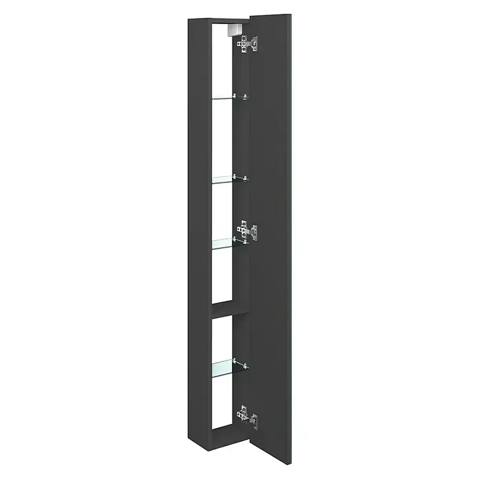 Astor Ombra Spiegelschrank - B x H: 23 x 149 cm, Schwarz, Matt - Ein offener Badezimmerschrank mit Glasböden, der einen Blick auf die Scharniere und die dunkle Innenfarbe des Schranks ermöglicht.
