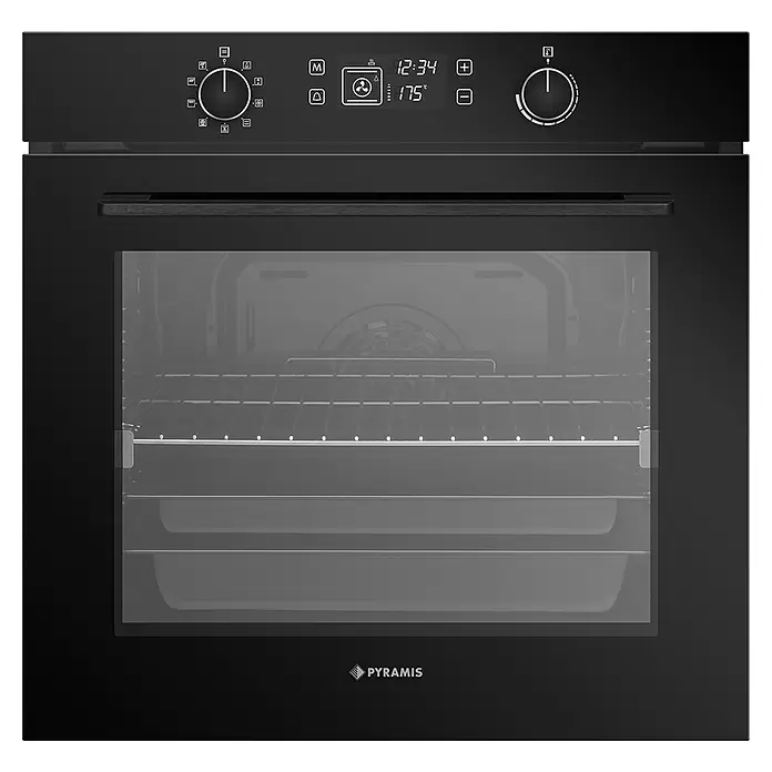 Pyramis Einbaubackofen PO78082009SBI -  - Schwarzer Einbaubackofen mit Digitalanzeige für Zeit und Temperatur, Bedienknebeln und Glastür mit Einschubgittern.