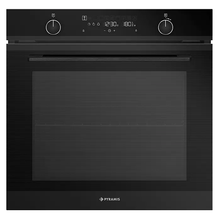 Pyramis Einbaubackofen PO78094010EBLM - Anzahl Beheizungsarten: 6 Stk., Volumen Backofen: 78 l - Schwarzer Einbau-Elektrobackofen mit Digitalanzeige (12:30, 180°C) und zwei Drehknöpfen.