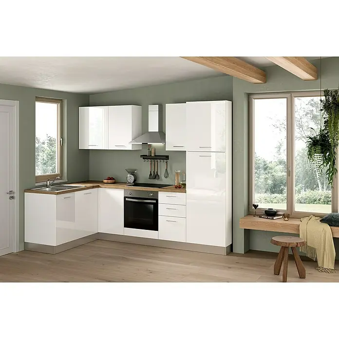 Marinelli Cucine Vormontierte Winkelküche Astrea - B x T: 270 x 160 cm, Weiß, Mit Elektrogeräten, Spüle links - Einbauküche mit weißen Hochglanzfronten, Arbeitsplatte in Holzoptik und modernen Geräten für ein stilvolles und funktionales Kocherlebnis.