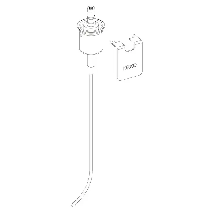 Keuco Elegance Seifenspenderpumpe 1 - Chrom, Metall - Die Abbildung zeigt einen KEUKO Flüssigseifenspender mit einer Halterung. Der Spender hat einen langen Schlauch und ist zur Wandmontage geeignet.