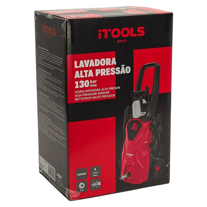 Hidrolimpiadora de alta presión 130D - 130 bar, 1.600 W, Capacidad de bombeo: 8 l/min - Caja de una hidrolimpiadora de alta presión iTools con imagen del producto y datos técnicos como 1600W de potencia y 130 bar de presión máxima.