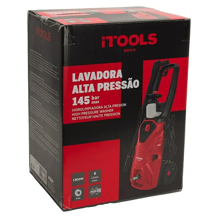 Hidrolimpiadora de alta presión 145D - 145 bar, 1.800 W, Capacidad de bombeo: 480 l/h - El embalaje de una hidrolimpiadora de alta presión iTools, una solución robusta y potente para tareas de limpieza al aire libre.
