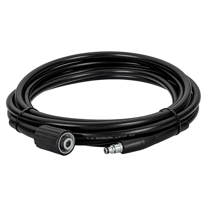 Hidrolimpiadora de alta presión 145D - 145 bar, 1.800 W, Capacidad de bombeo: 480 l/h - Kit de manguera negra de alta presión con conectores rápidos para una limpieza eficiente.