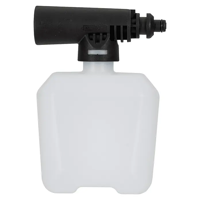 Hidrolimpiadora de alta presión 145D - 145 bar, 1.800 W, Capacidad de bombeo: 480 l/h - Imagen de una lanza de espuma para hidrolimpiadoras con recipiente blanco y boquilla negra. Ideal para el lavado de coches.