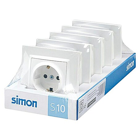 Simon 10 Enchufe pack 5 (Blanco, Brillante, Plástico, Montaje enrasado)