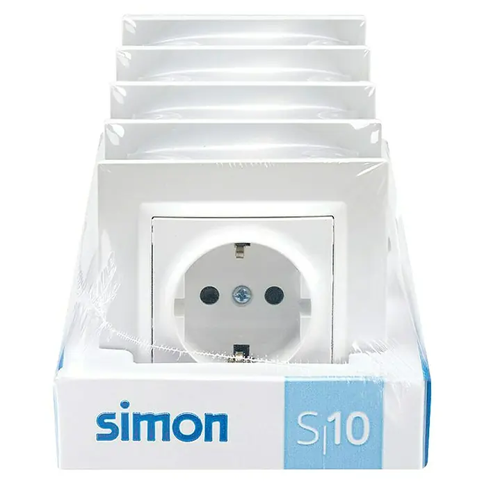 Simon 10 Enchufe pack 5 - Blanco, Brillante, Plástico, Montaje enrasado - Pila de enchufes Simon S10 en embalaje original, un producto de calidad para tu instalación eléctrica, seguro y fiable.