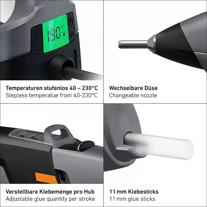 Steinel Heißklebepistole PRO GlueMatic 7011 - Durchmesser Klebepatrone: 11 mm, Temperaturbereich: 40 °C - 230 °C - Detailansicht einer Heißklebepistole mit digitaler Temperaturanzeige, wechselbarer Düse, einstellbarer Klebemenge und 11 mm Klebesticks.
