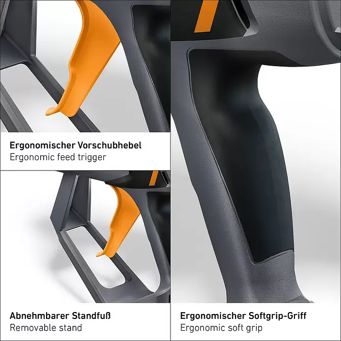 Steinel Heißklebepistole PRO GlueMatic 7011 - Durchmesser Klebepatrone: 11 mm, Temperaturbereich: 40 °C - 230 °C - Graues und oranges Werkzeug mit ergonomischem Softgrip-Griff, abnehmbarem Standfuß und Vorschubhebel.