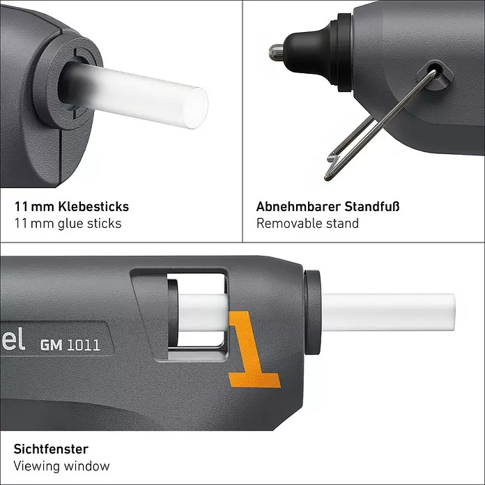 Steinel Heißklebepistole GlueMatic 1011 - Durchmesser Klebepatrone: 11 mm, Temperaturbereich: 200 °C - Graue Heißklebepistole mit 11 mm Klebestick, Sichtfenster und abnehmbarem Metallständer.