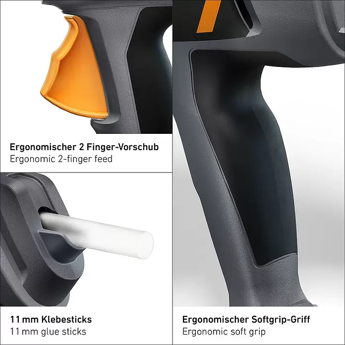 Steinel Heißklebepistole GlueMatic 3011 - Durchmesser Klebepatrone: 11 mm, Temperaturbereich: 200 °C - Dunkelgraue Heißklebepistole mit orangefarbenen Akzenten, ergonomischem 2-Finger-Abzug, Softgrip und 11mm Klebestiftzufuhr.