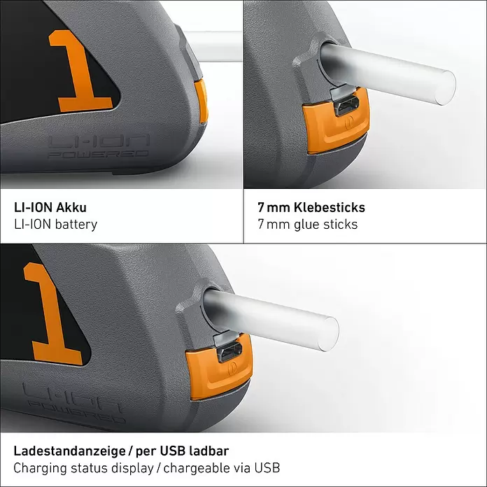 Steinel Akku-Heißklebestift MobileGlue 1007-S - 3,6 V, Durchmesser Klebepatrone: 7 mm, 170 °C - Grau-orange Li-ION Akku-Gerät, via USB ladbar, mit eingesetztem 7mm Klebestick.