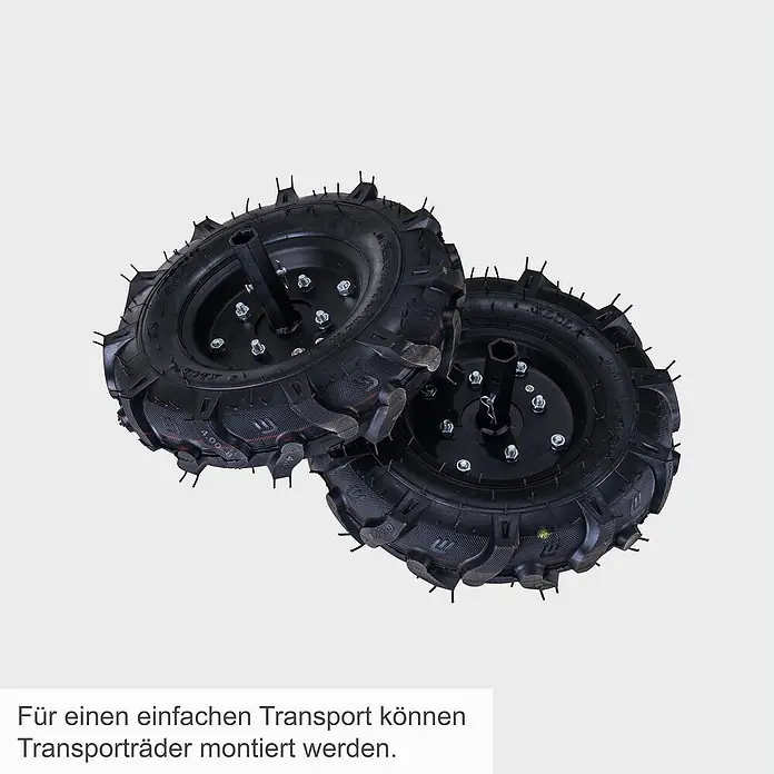 Scheppach Benzin-Bodenhacke MTP750 - 4,2 kW, 4-Takt - Zwei Transporträder für einfache Montage. Ideal für den unkomplizierten Transport.