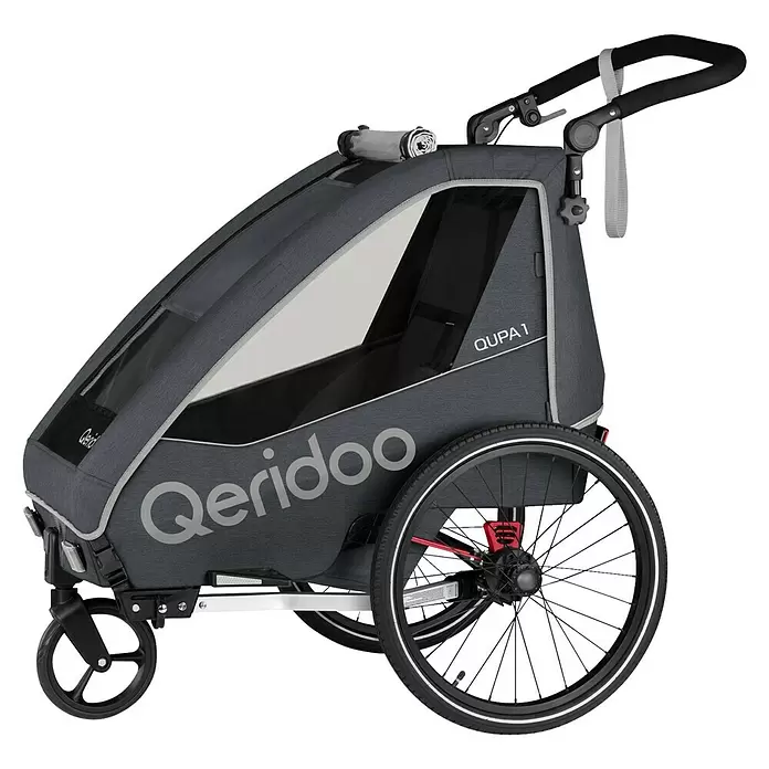 Qeridoo Kinderfahrradanhänger Qupa 1 - Einsitzer, Grau - Dunkelgrauer Queridoo QUPA 1 Kinderanhänger/Buggy mit schwarzen Rädern.