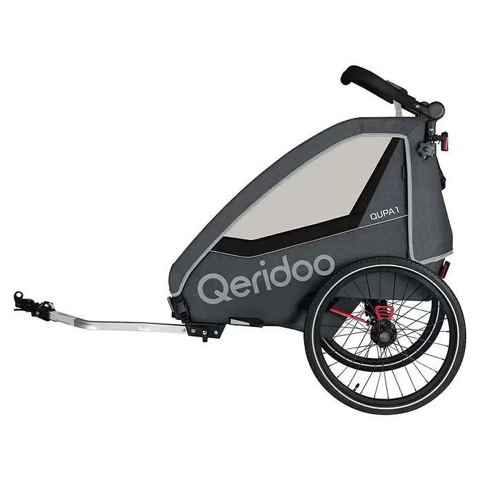 Qeridoo Kinderfahrradanhänger Qupa 1 - Einsitzer, Grau - Grauer und schwarzer Qeridoo QUPA 1 Fahrradanhänger/Kinderwagen mit Rädern, Zugstange und Schiebegriff.