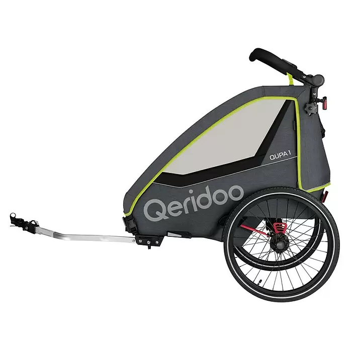 Qeridoo Kinderfahrradanhänger Qupa 1 - Einsitzer, Lime - Dunkelgrauer Qeridoo QUPA 1 Fahrradanhänger mit hellgrünen Akzenten und zwei Rädern.