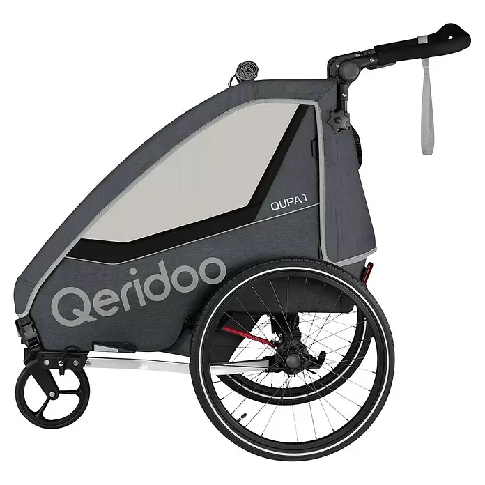 Qeridoo Kinderfahrradanhänger Qupa 1 - Einsitzer, Grau - Grauer Qeridoo QUPA 1 Kinderanhänger mit schwarzen und hellgrauen Akzenten, mit drei Rädern und verstellbarem Griff.