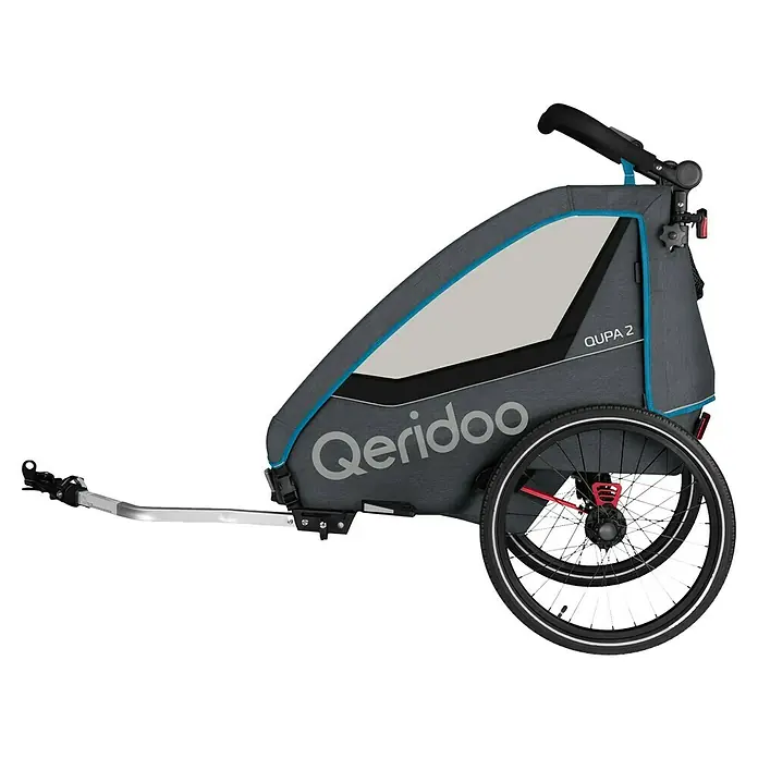 Qeridoo Kinderfahrradanhänger Qupa 2 - Zweisitzer, Blau - Der Qeridoo QUPA 2 Fahrradanhänger in Grau mit blauen Akzenten bietet sicheren und komfortablen Transport für Kinder oder Gepäck.