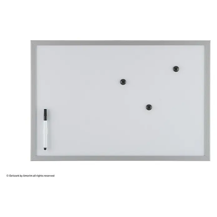 Pizarra magnética con marco aluminio - 60 x 1,6 x 40 cm, Metal, Blanco - Una elegante pizarra blanca con marco completa con bolígrafo e imanes, perfecta para notas y organización en la oficina o en casa.