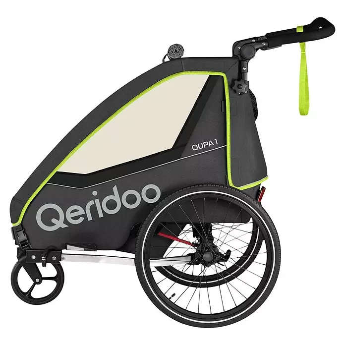 Qeridoo Kinderfahrradanhänger Qupa 1 - Einsitzer, Lime - Dunkelgrauer Qeridoo QUPA 1 Kinderanhänger mit lindgrünen Akzenten, großen Rädern und kleinem Bugrad.