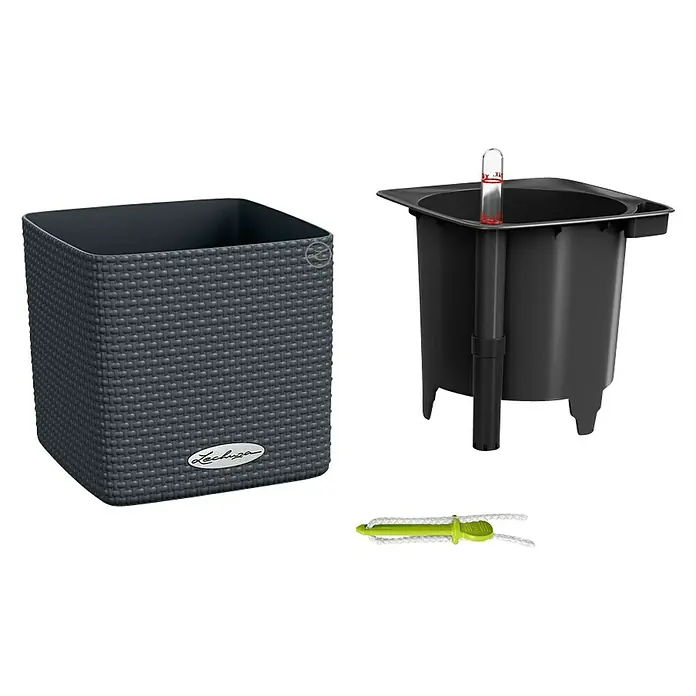 Lechuza Classico Kräutertopf Cube - Außenmaß (L x B x H): 14 x 14 x 14 cm, Kunststoff, Schiefergrau - Das Bild zeigt einen Lechuza Cube Cottage 30 Pflanzkübel mit Bewässerungssystem und Zubehör, ideal für Zimmer- und Gartenpflanzen.