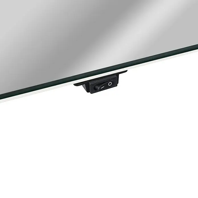 Camargue Faro Mini Badmöbel-Set - Gesamtbreite Badmöbel: 55 cm, Dark Oak, 3 -tlg. - Nahaufnahme eines Spiegels mit einem schwarzen Schalter an der Seite, der die Beleuchtung steuert. Perfekt für Badezimmer und Ankleidezimmer.